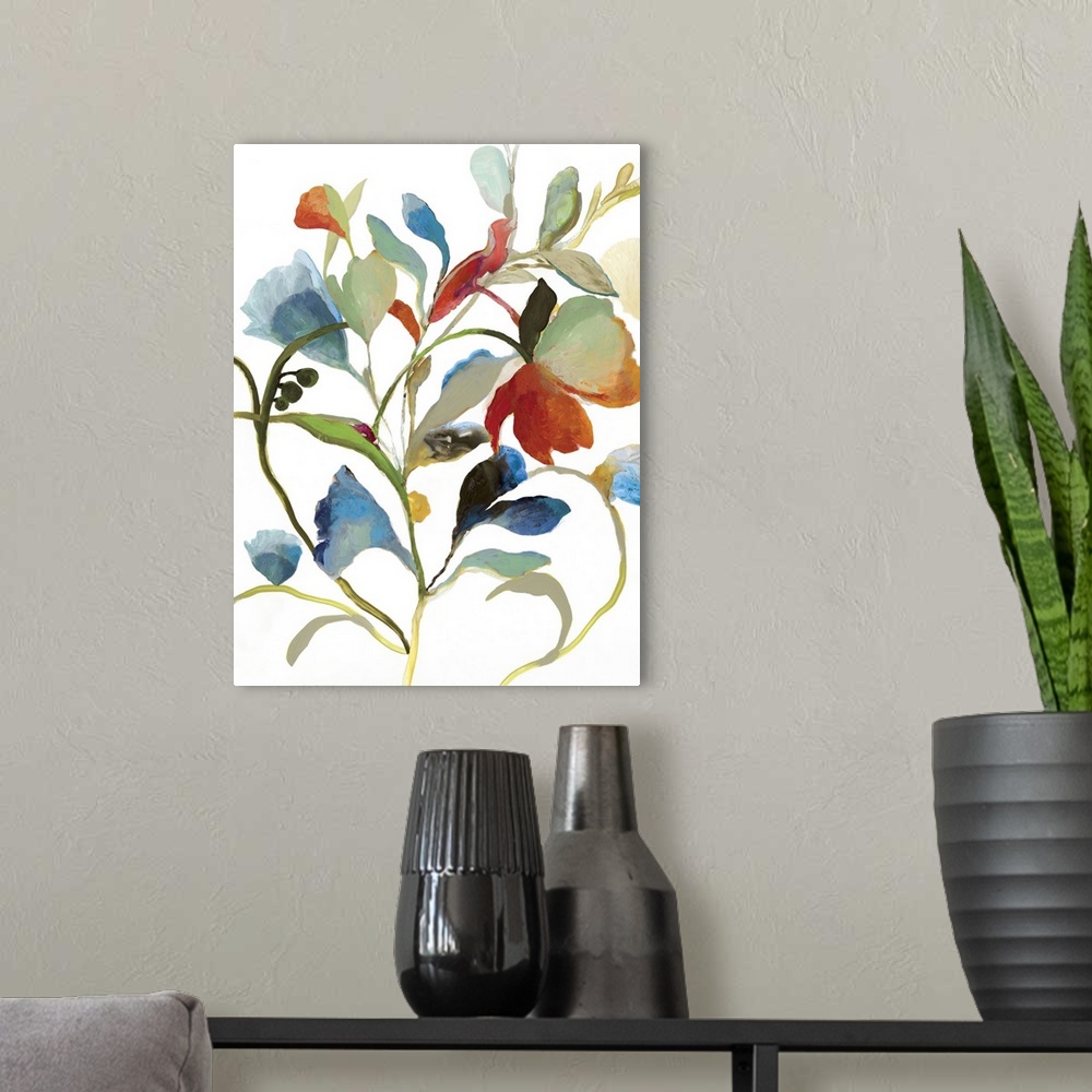 A modern room featuring Contemporary painting of flowers and leaves in vibrant colors.