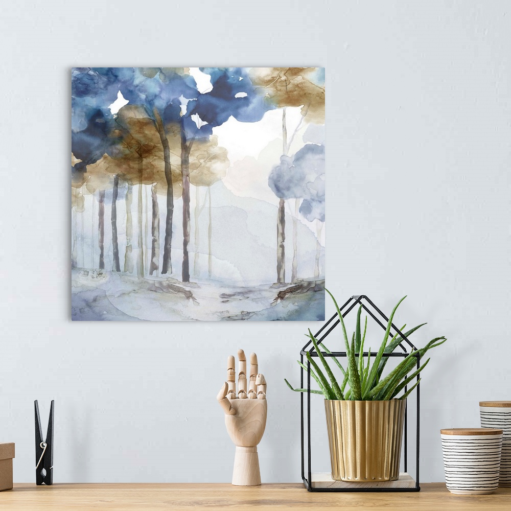 A bohemian room featuring Abstracted forest painting in blues and browns.