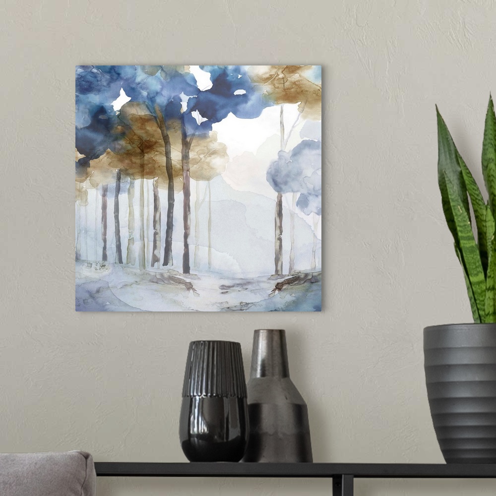A modern room featuring Abstracted forest painting in blues and browns.