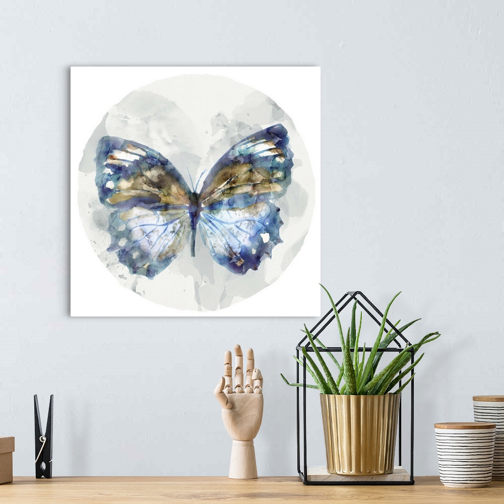 A bohemian room featuring Watercolor artwork of a butterfly with broad blue and copper colored wings on a grey circular des...
