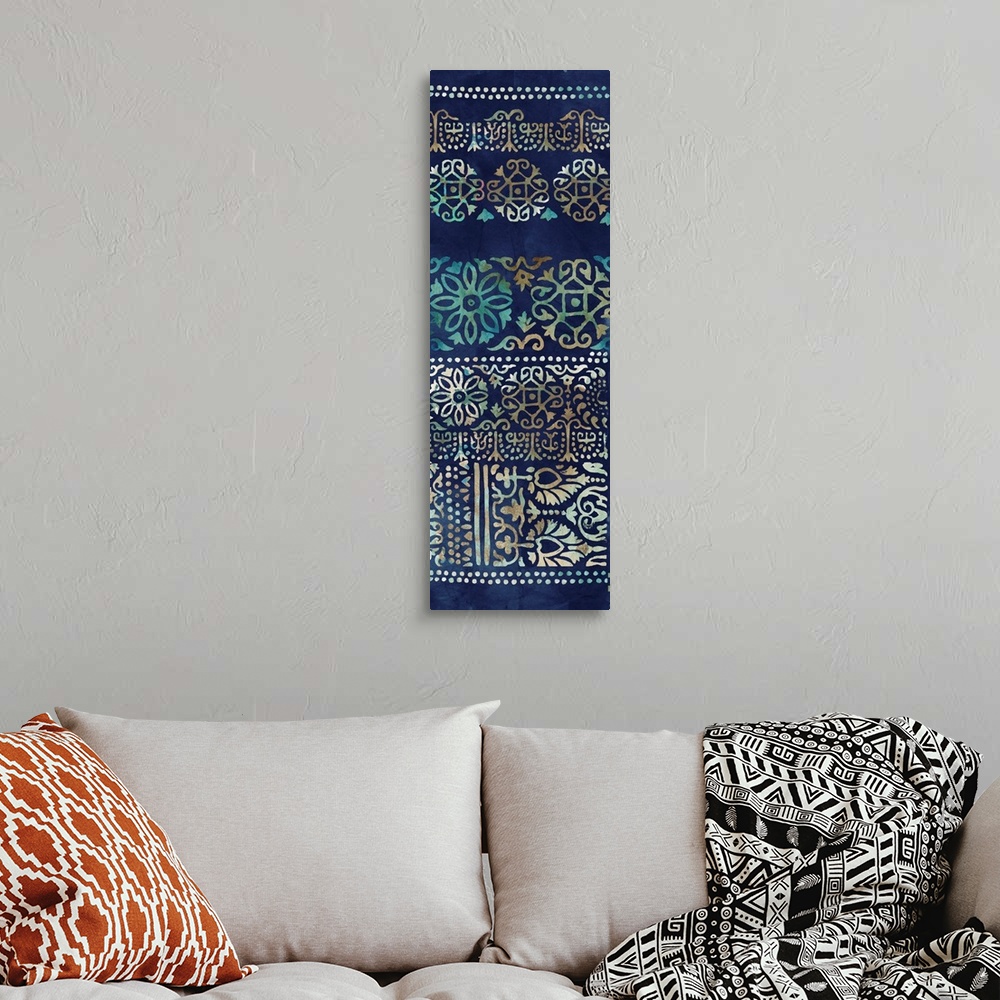 A bohemian room featuring A Bohemian-style abstract painting incorporating floral elements, mandalas, and damask print.