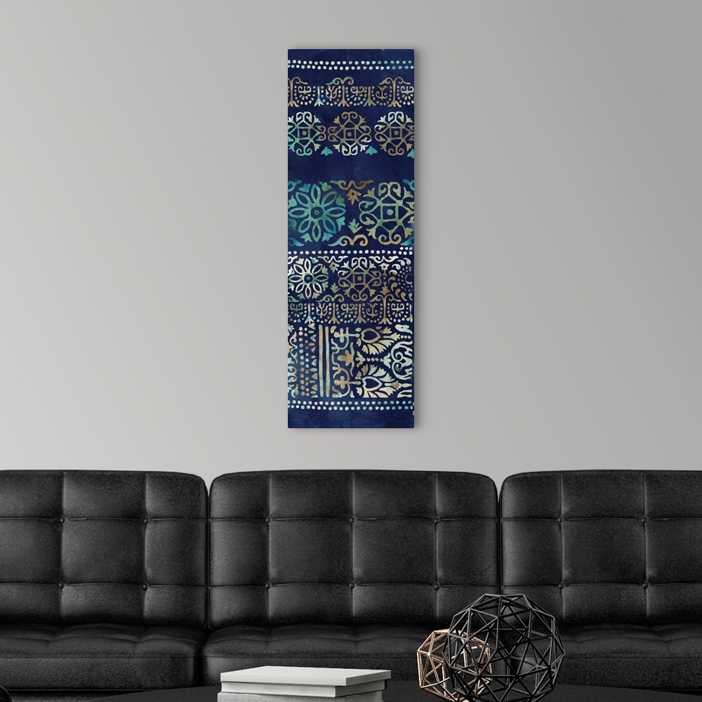 A modern room featuring A Bohemian-style abstract painting incorporating floral elements, mandalas, and damask print.