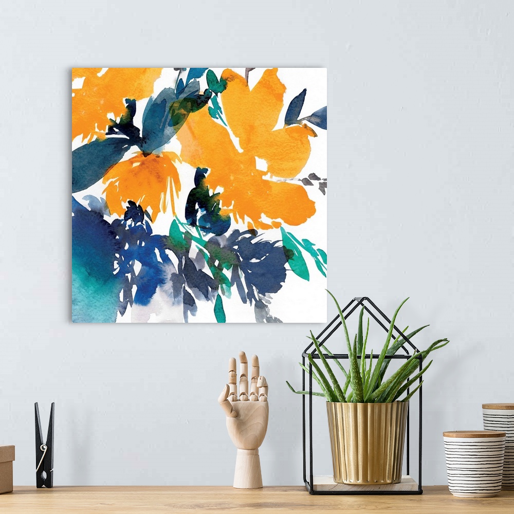 A bohemian room featuring Decorative art with abstract florals in bold orange and blue hues on a white square background.