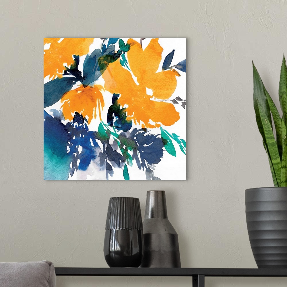 A modern room featuring Decorative art with abstract florals in bold orange and blue hues on a white square background.
