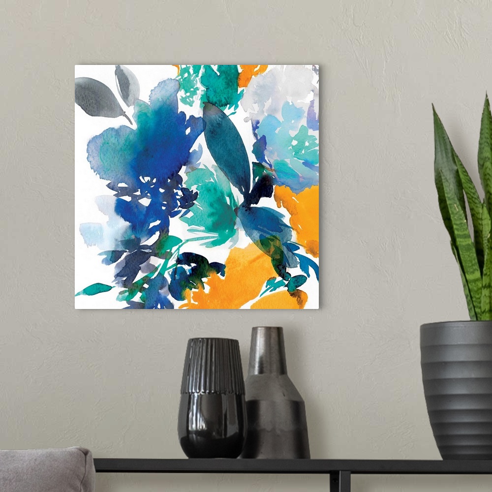 A modern room featuring Decorative art with abstract florals in bold orange and blue hues on a white square background.