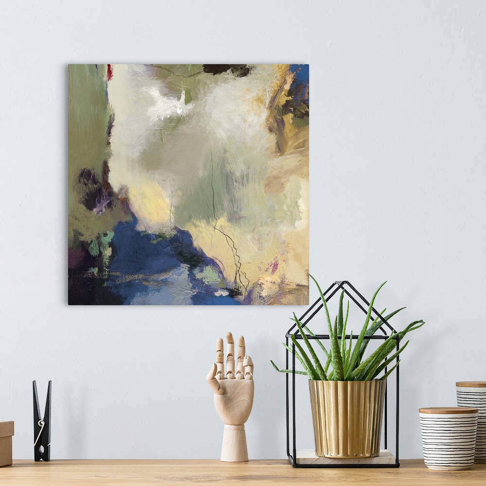 A bohemian room featuring Contemporary abstract home decor artwork using neutral and cool tones.