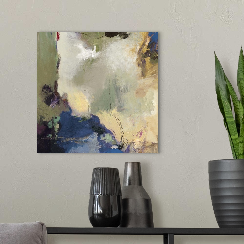 A modern room featuring Contemporary abstract home decor artwork using neutral and cool tones.