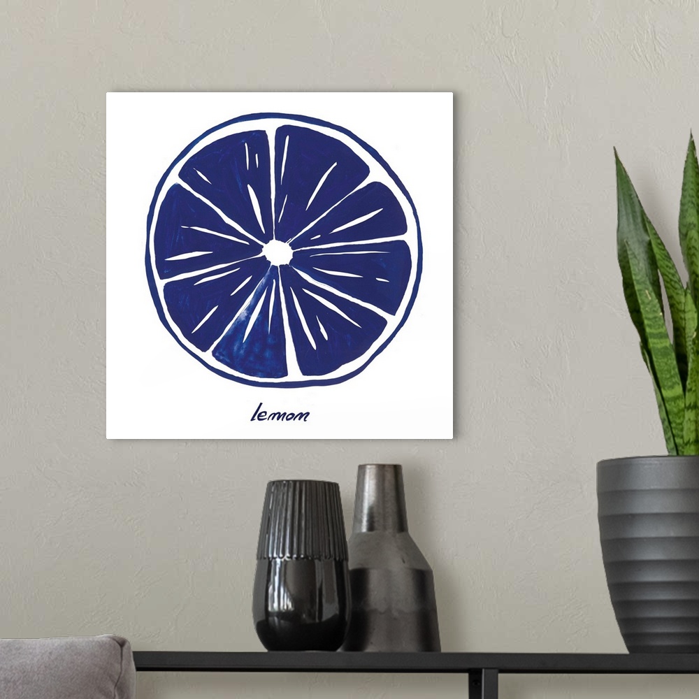 A modern room featuring Navy blue ink wash painting of a lemon slice on white.
