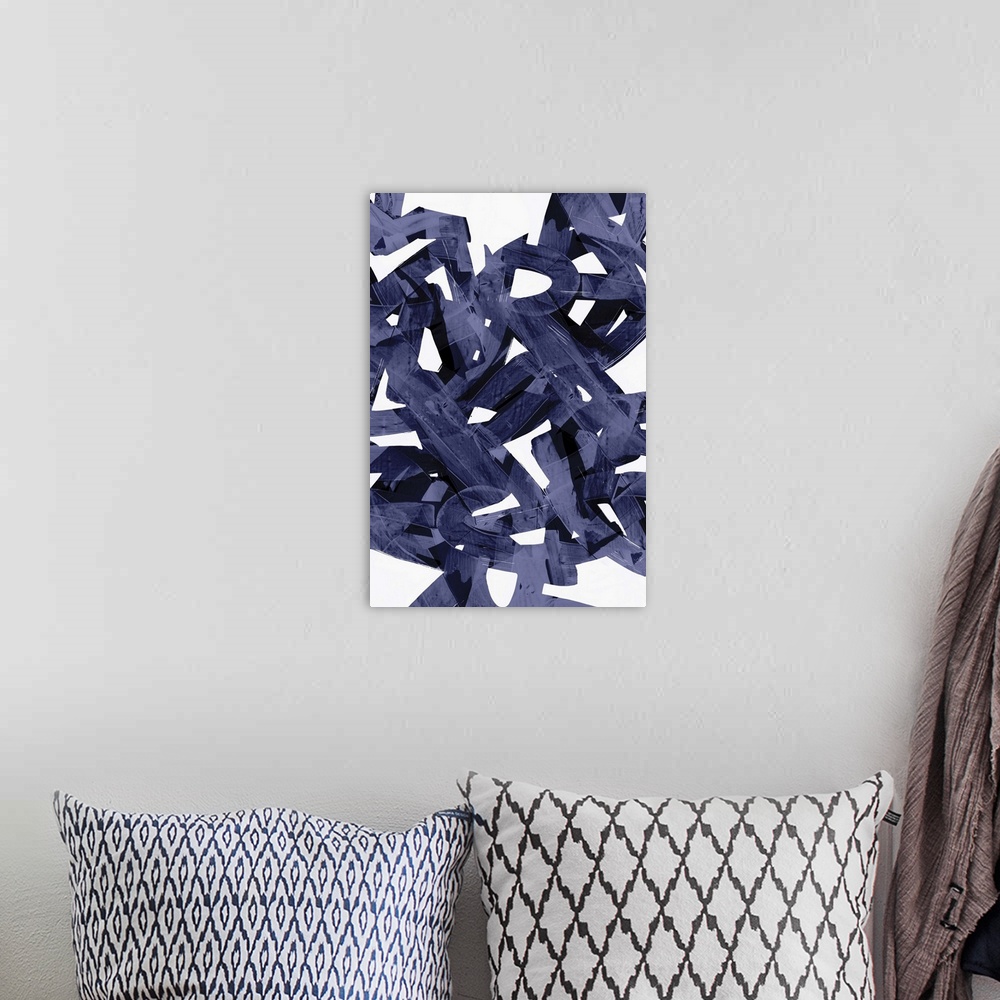 A bohemian room featuring Abstract artwork of a jumble of purple shapes on white.