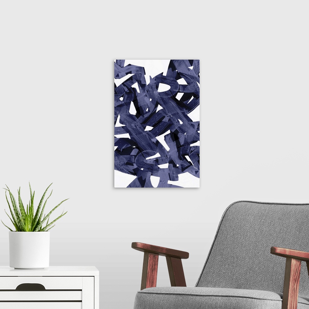 A modern room featuring Abstract artwork of a jumble of purple shapes on white.