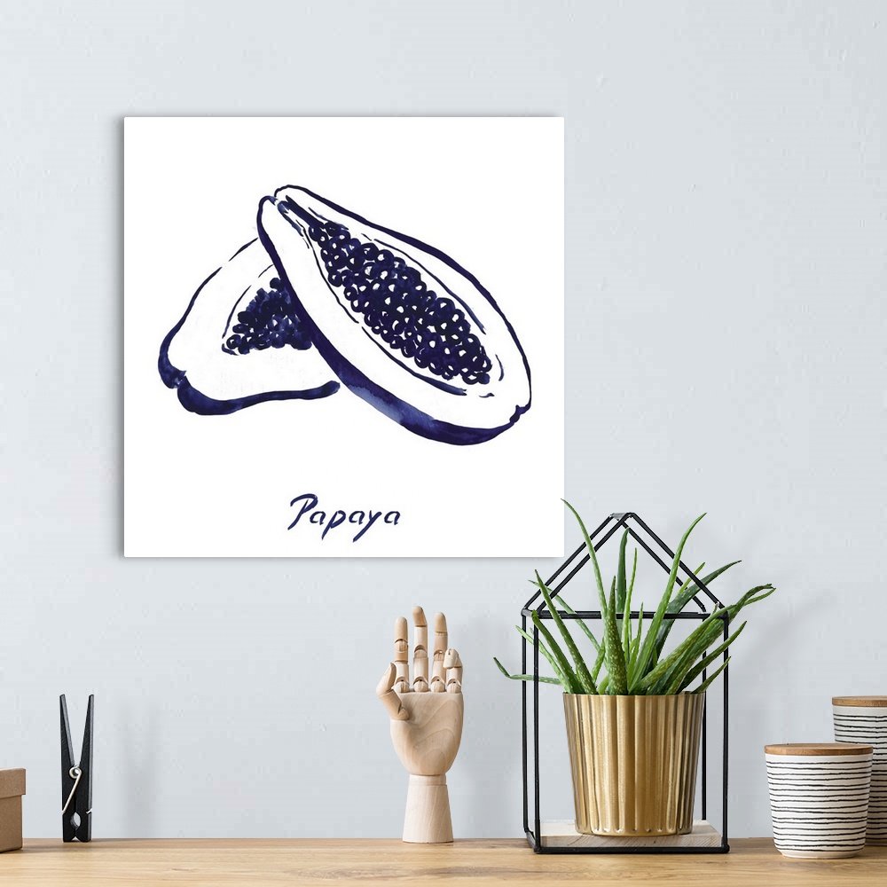 A bohemian room featuring Navy blue ink wash painting of two papaya halves on white.