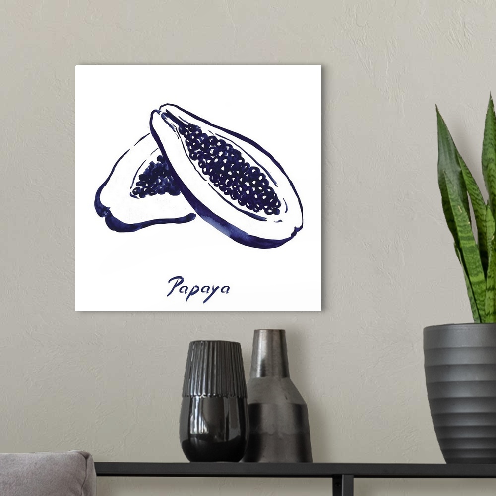 A modern room featuring Navy blue ink wash painting of two papaya halves on white.