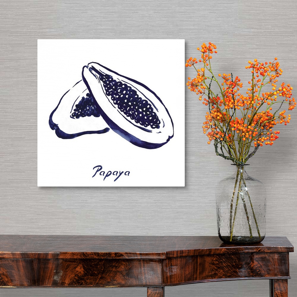 A traditional room featuring Navy blue ink wash painting of two papaya halves on white.