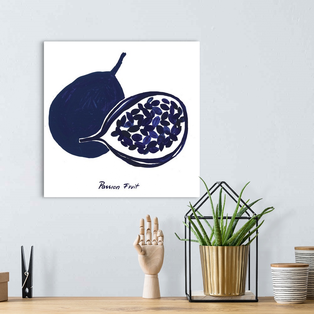 A bohemian room featuring Navy blue ink wash painting of a whole and halved passion fruit on white.