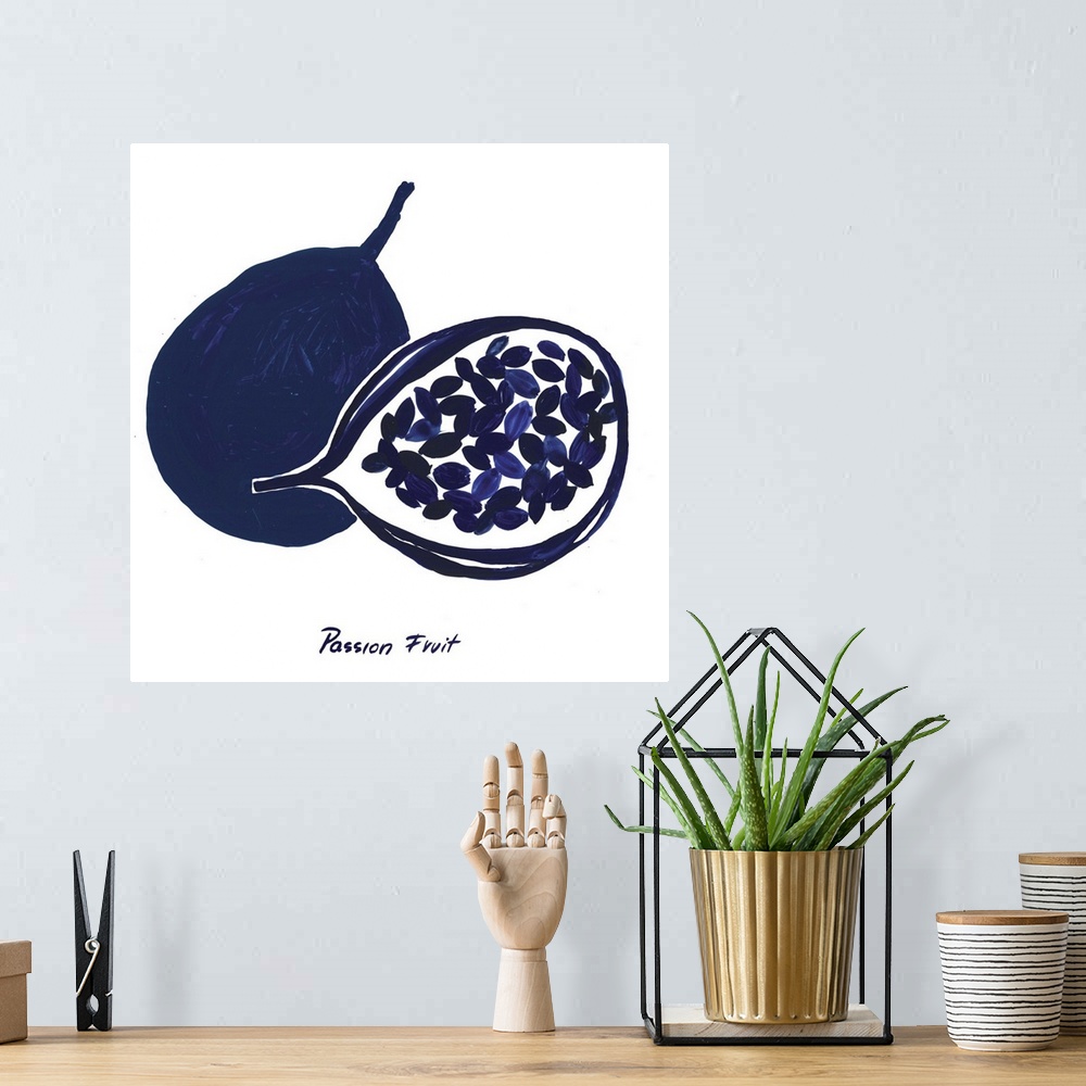 A bohemian room featuring Navy blue ink wash painting of a whole and halved passion fruit on white.