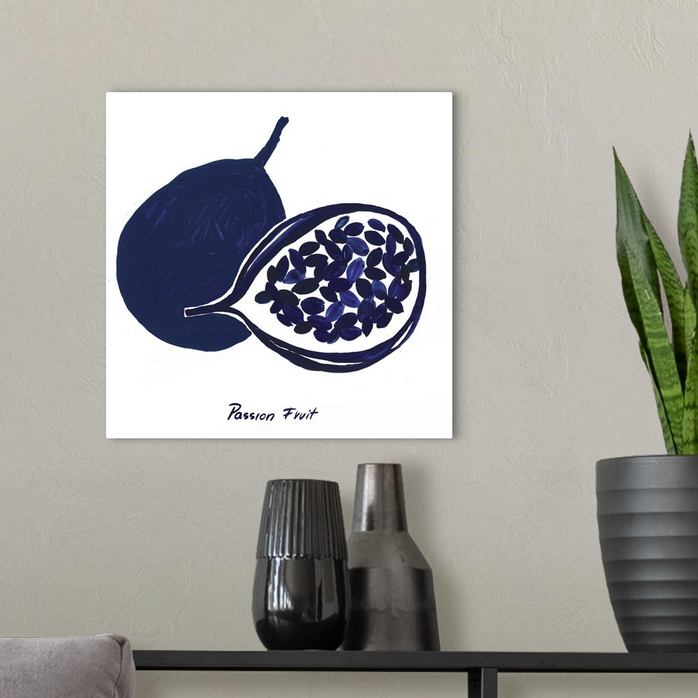 A modern room featuring Navy blue ink wash painting of a whole and halved passion fruit on white.
