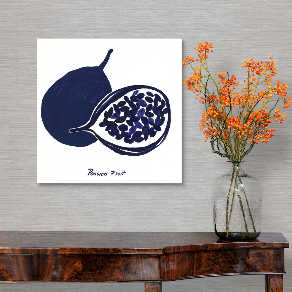 A traditional room featuring Navy blue ink wash painting of a whole and halved passion fruit on white.