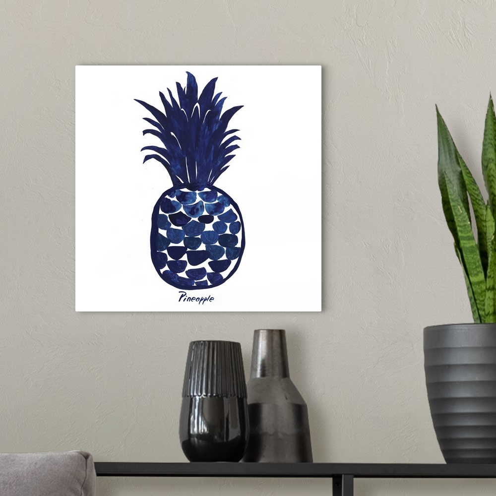 A modern room featuring Navy blue ink wash painting of a pineapple on white.