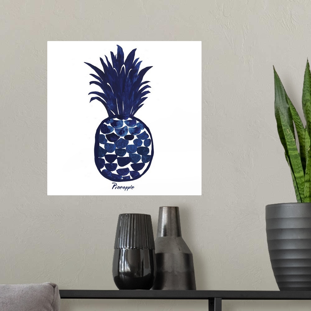 A modern room featuring Navy blue ink wash painting of a pineapple on white.