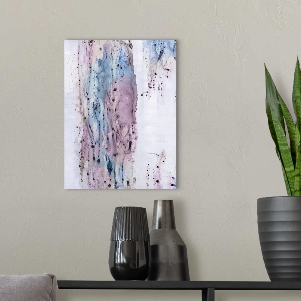 A modern room featuring A contemporary painting of liquid texture in pastel shades of blue and pink.