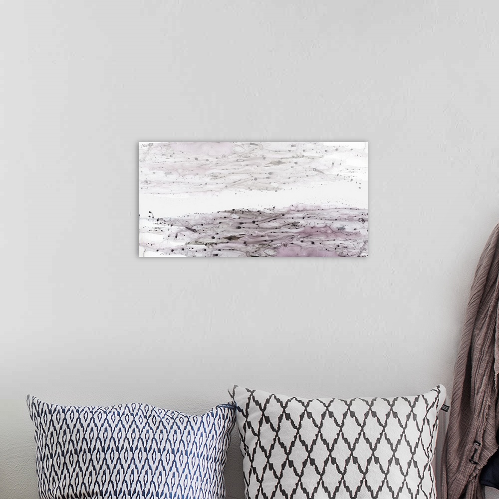 A bohemian room featuring A contemporary painting of liquid texture in pastel shades of gray and pink.