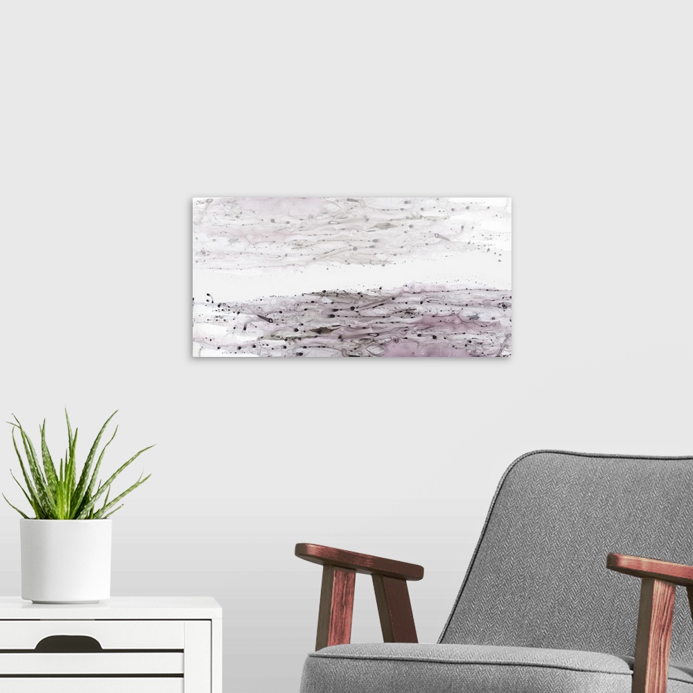 A modern room featuring A contemporary painting of liquid texture in pastel shades of gray and pink.