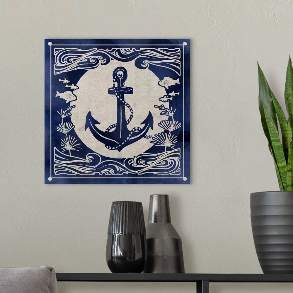 A modern room featuring Contemporary stylized home decor artwork with a nautical theme.