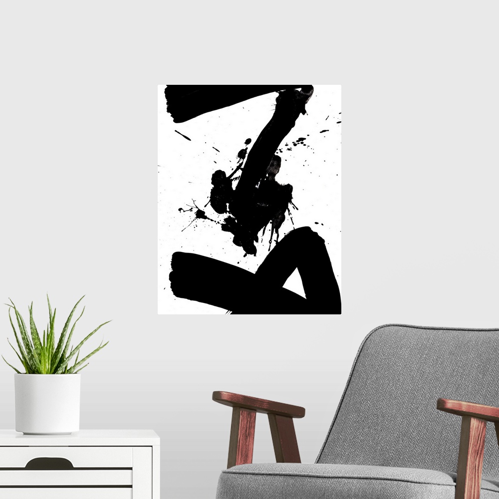 A modern room featuring Contemporary abstract home decor artwork using black paint splashes against a white background.