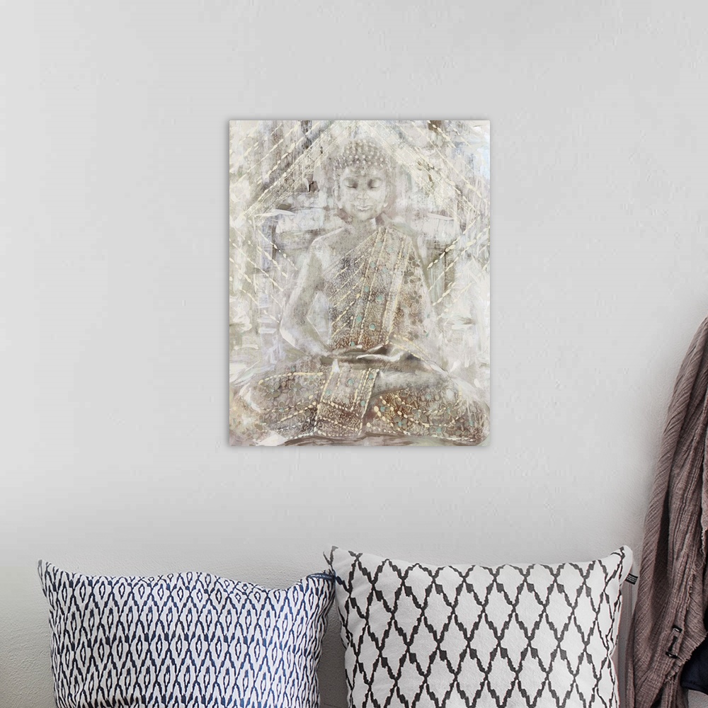 A bohemian room featuring Artwork of a seated Buddha statue with heavy texture in pale, neutral colors.