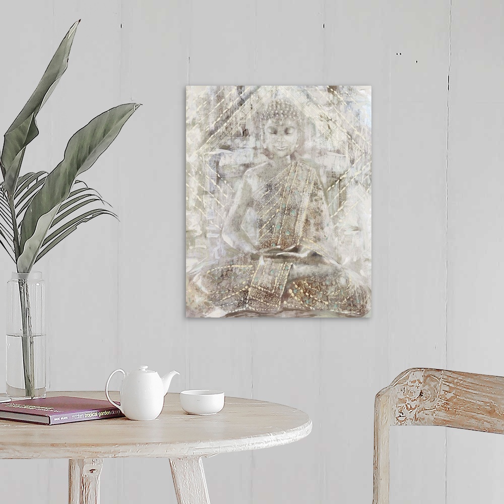A farmhouse room featuring Artwork of a seated Buddha statue with heavy texture in pale, neutral colors.
