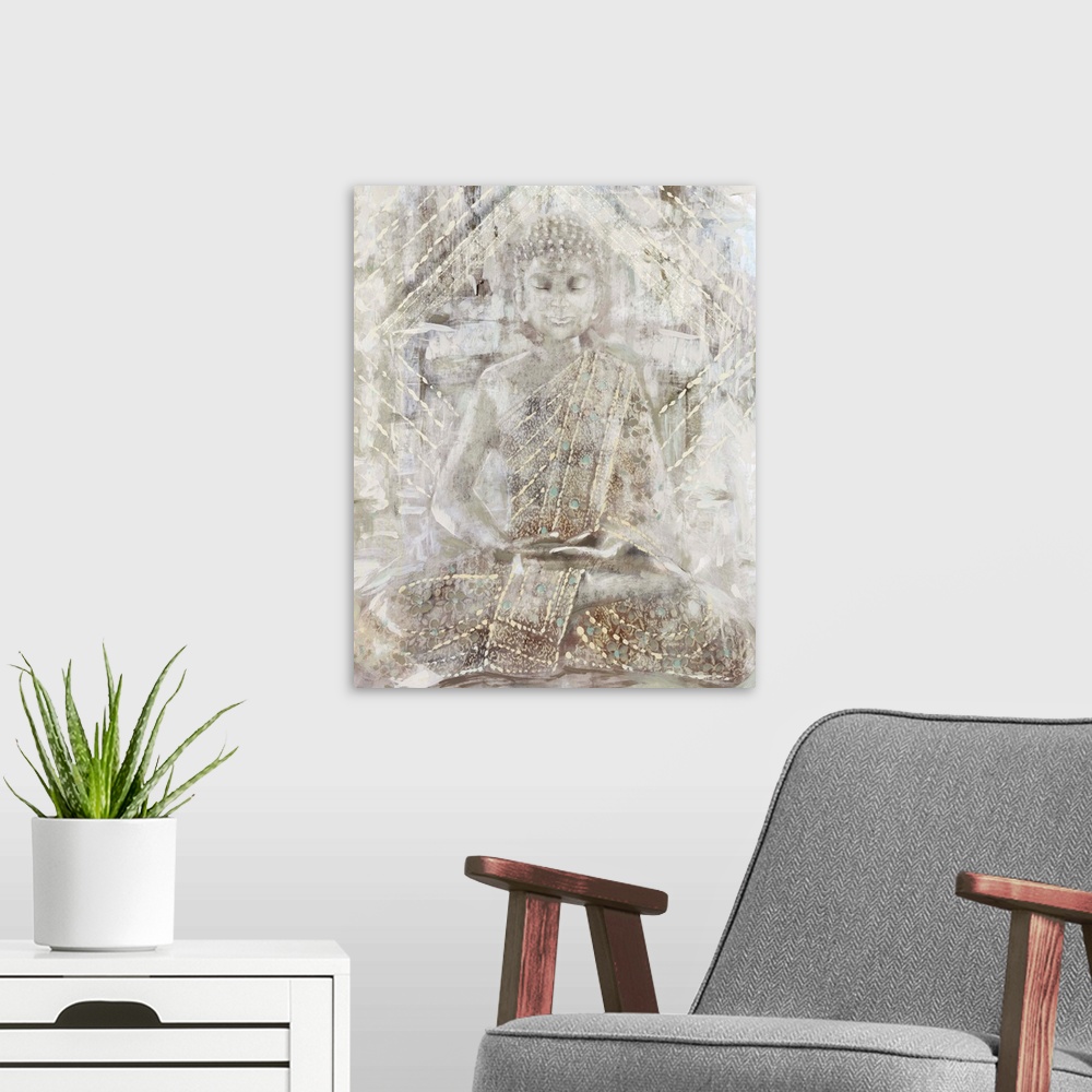 A modern room featuring Artwork of a seated Buddha statue with heavy texture in pale, neutral colors.