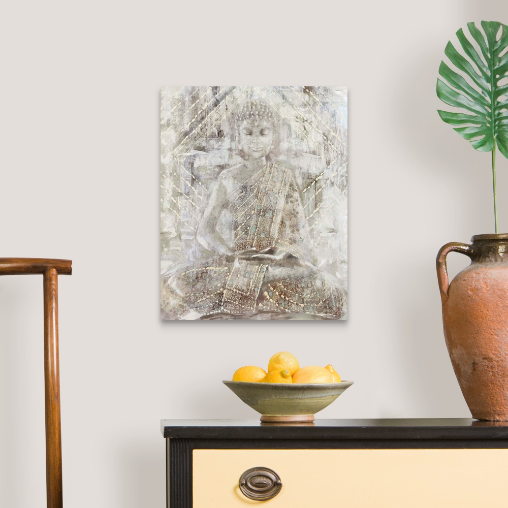 A traditional room featuring Artwork of a seated Buddha statue with heavy texture in pale, neutral colors.
