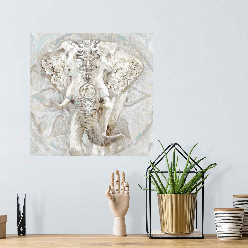 A bohemian room featuring Artwork of an elaborately decorated elephant over a circular sunburst motif.