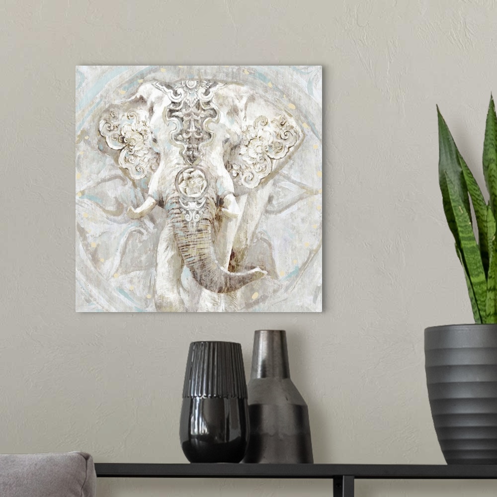 A modern room featuring Artwork of an elaborately decorated elephant over a circular sunburst motif.