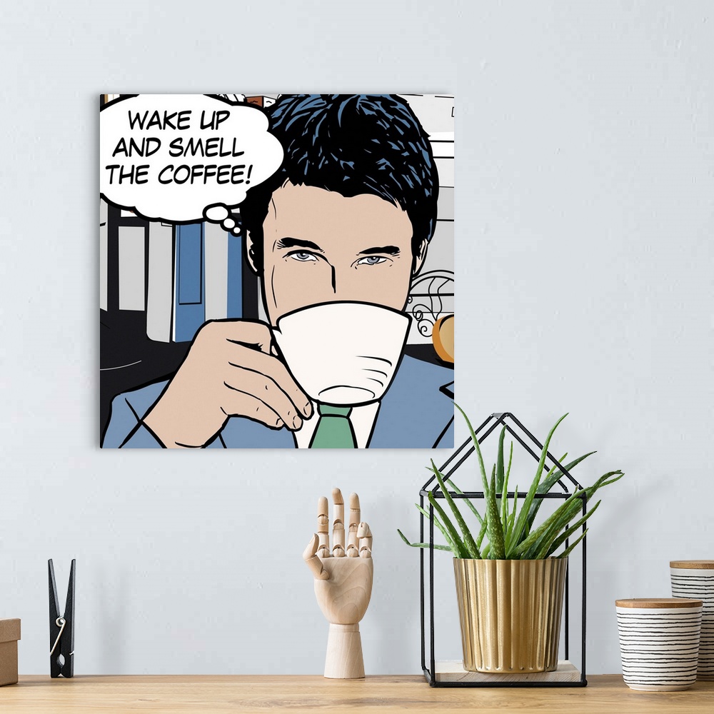 A bohemian room featuring Pop art style decor artwork of a man drinking coffee with a thought bubble coming from his head.