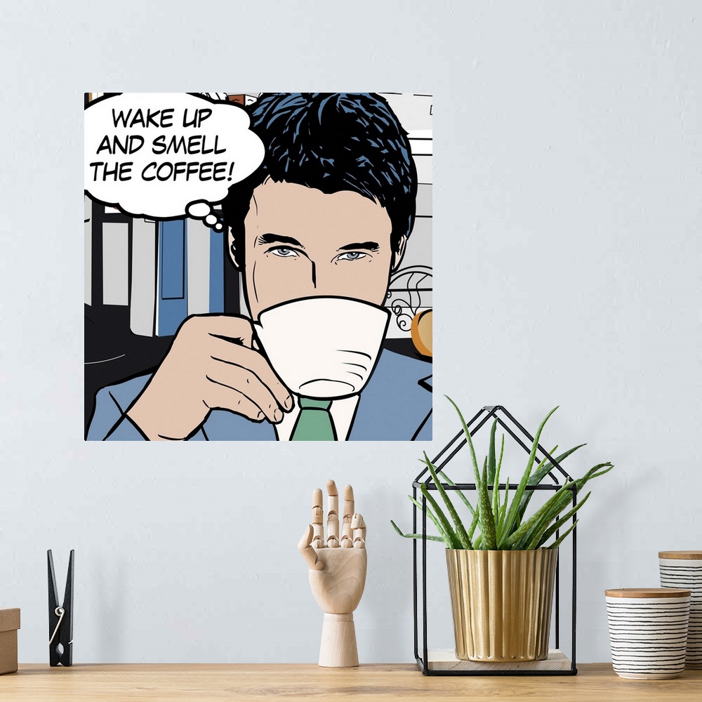 A bohemian room featuring Pop art style decor artwork of a man drinking coffee with a thought bubble coming from his head.