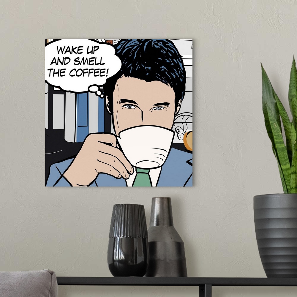 A modern room featuring Pop art style decor artwork of a man drinking coffee with a thought bubble coming from his head.