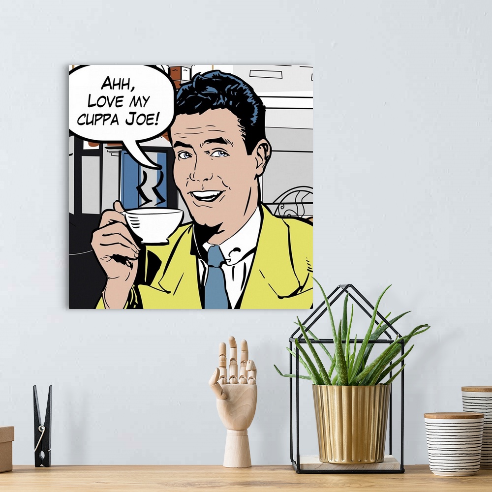 A bohemian room featuring Pop art style decor artwork of a man holding a cup of coffee with a word bubble coming from his m...