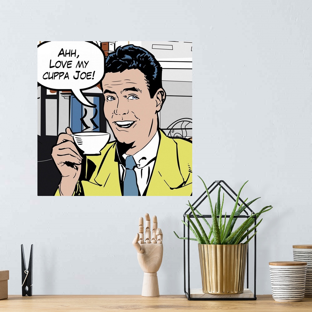 A bohemian room featuring Pop art style decor artwork of a man holding a cup of coffee with a word bubble coming from his m...