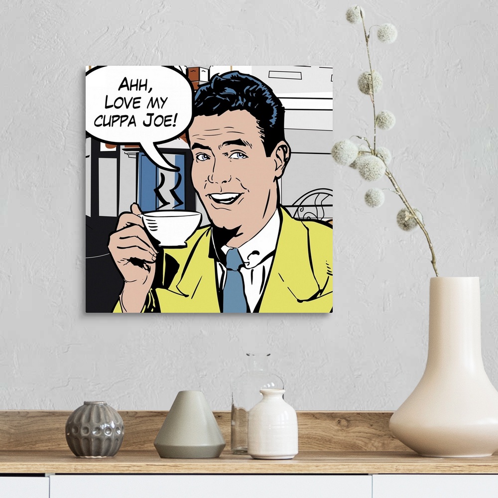 A farmhouse room featuring Pop art style decor artwork of a man holding a cup of coffee with a word bubble coming from his m...