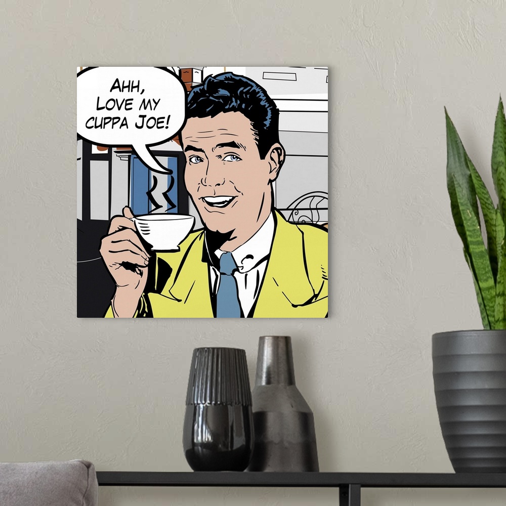 A modern room featuring Pop art style decor artwork of a man holding a cup of coffee with a word bubble coming from his m...