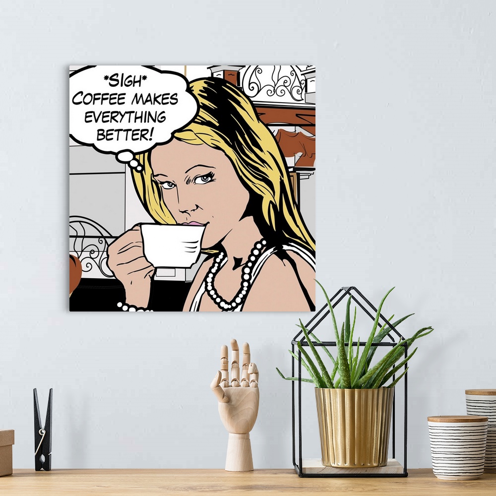 A bohemian room featuring Pop art style decor artwork of a woman drinking coffee with a thought bubble coming from her head.