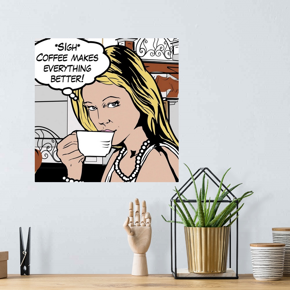 A bohemian room featuring Pop art style decor artwork of a woman drinking coffee with a thought bubble coming from her head.