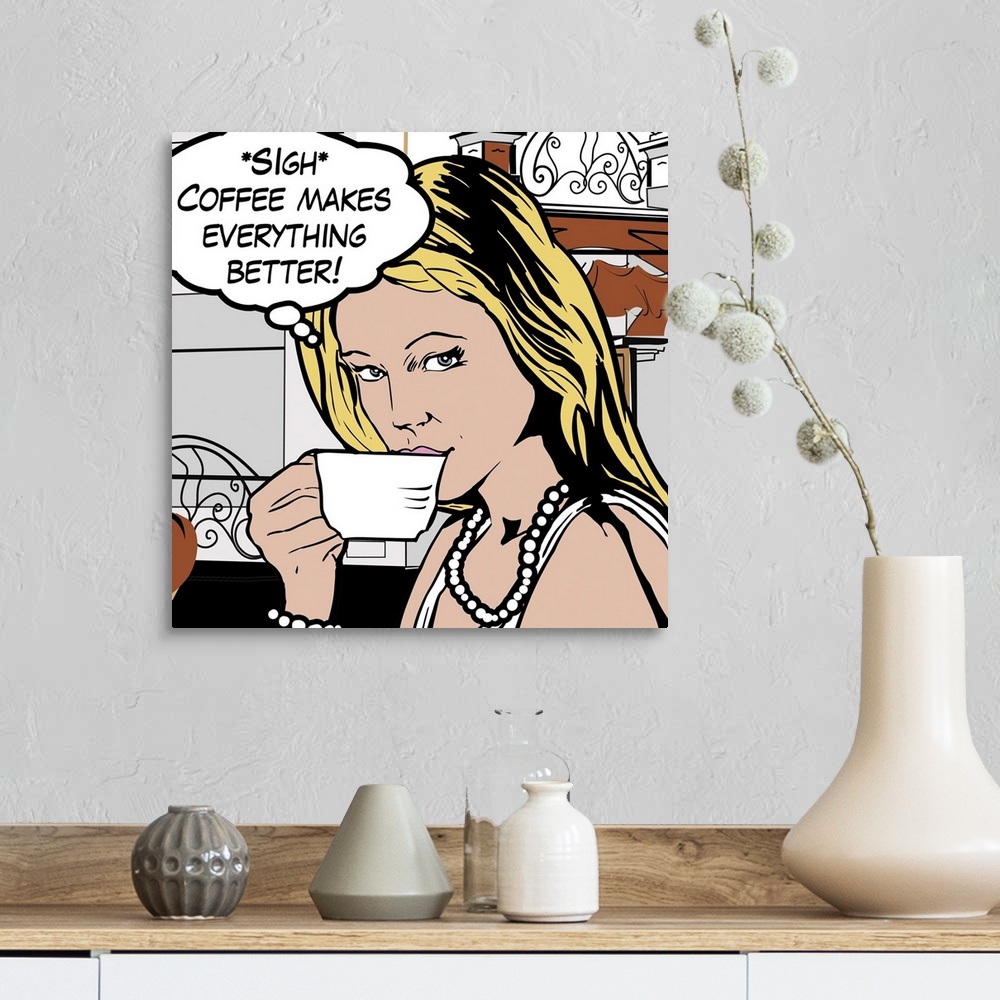A farmhouse room featuring Pop art style decor artwork of a woman drinking coffee with a thought bubble coming from her head.