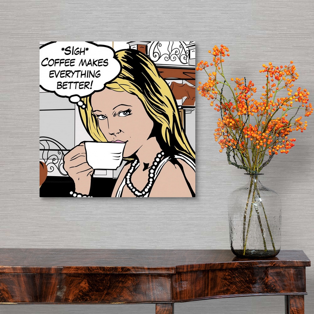 A traditional room featuring Pop art style decor artwork of a woman drinking coffee with a thought bubble coming from her head.