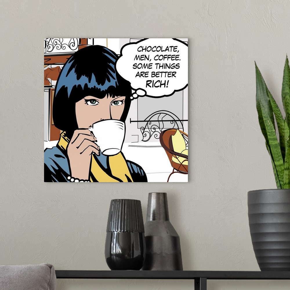 A modern room featuring Pop art style decor artwork of a woman drinking coffee with a thought bubble coming from her head.