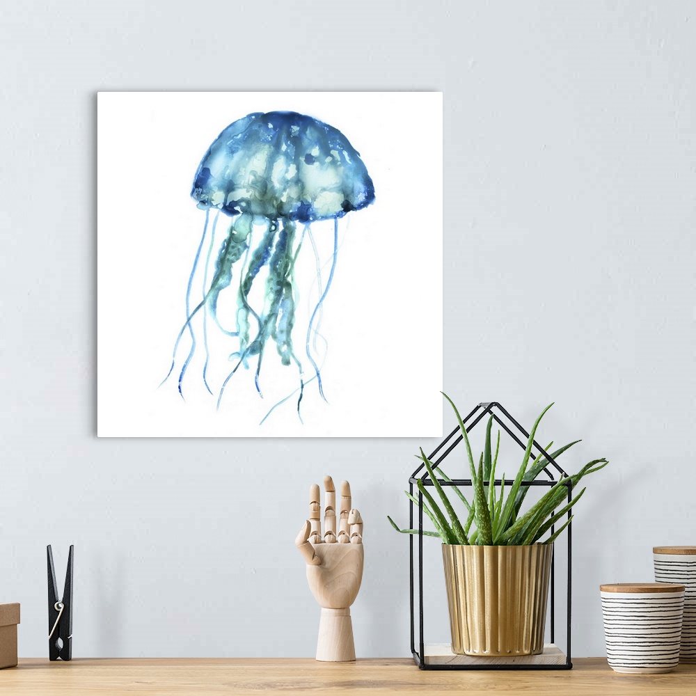 A bohemian room featuring Blue-toned watercolor painting of a jellyfish on white.