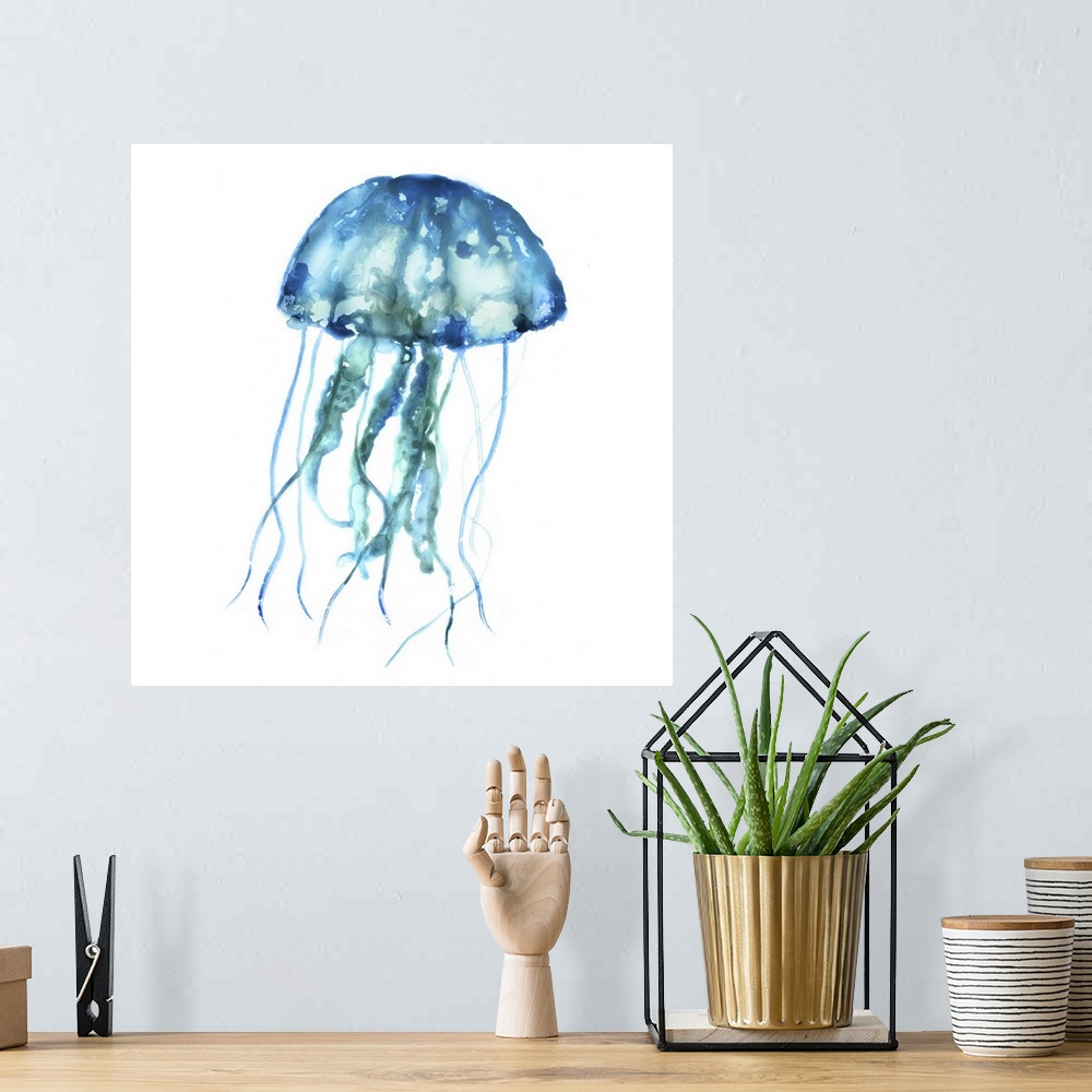 A bohemian room featuring Blue-toned watercolor painting of a jellyfish on white.