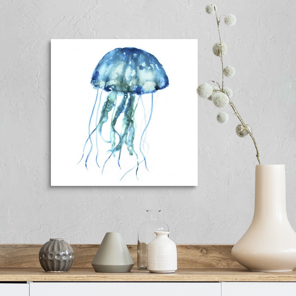 A farmhouse room featuring Blue-toned watercolor painting of a jellyfish on white.