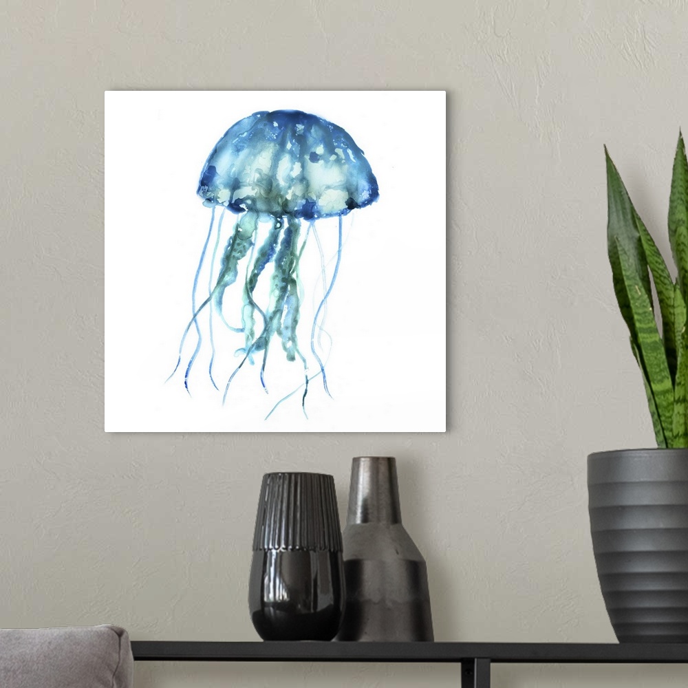 A modern room featuring Blue-toned watercolor painting of a jellyfish on white.